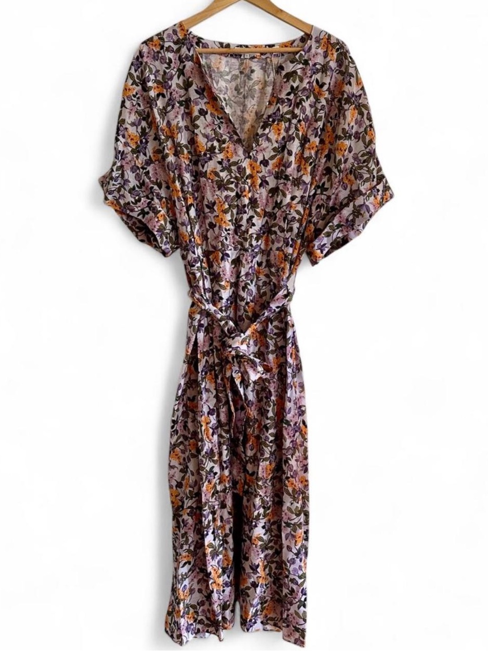 Vince Violetta Floral Belted Midi Dress 3X NWT Purple Dolman Sleeve $445 Retail - Picture 2 of 8